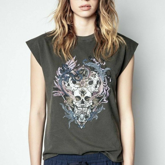 Zadig & Voltaire Weny Compo Skull Strass Tank Top Beaded Carbon S New - Picture 1 of 10